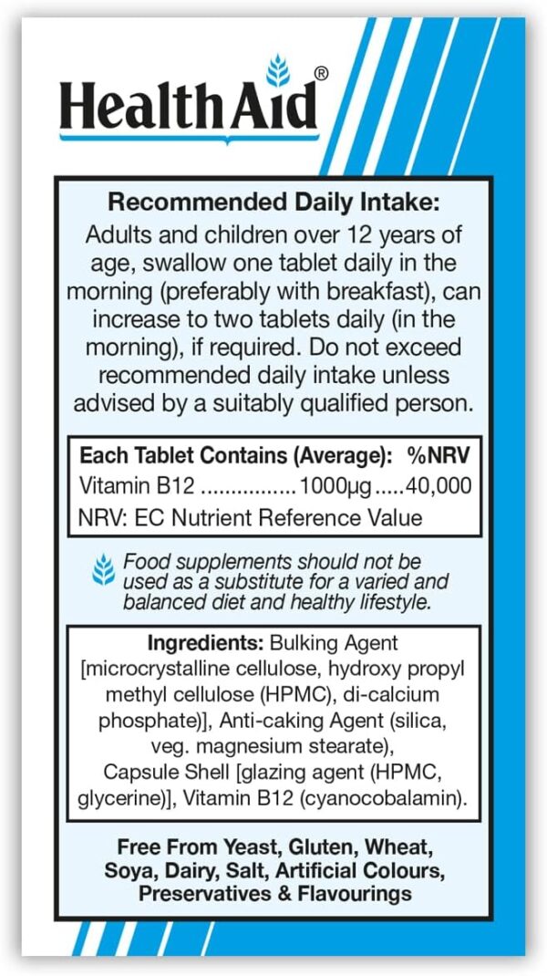 HealthAid Vitamin B12 (Cyanocobalamin) 1000ug - Prolong Release - 50 Tablets - Image 3