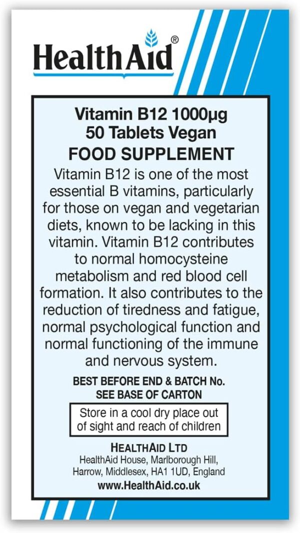 HealthAid Vitamin B12 (Cyanocobalamin) 1000ug - Prolong Release - 50 Tablets - Image 2