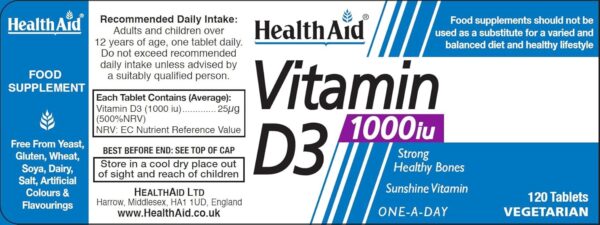 HealthAid Vitamin D3 1000iu Tablet Pack of 120 - Image 2