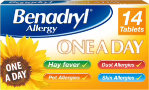 Benadryl Allergy One A Day 10 Mg Tablets - Effective and Long-Lasting Relief from Hay Fever, Pet, Skin and Dust Allergies - 14 Tablets