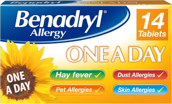 Benadryl Allergy One A Day 10 Mg Tablets - Effective and Long-Lasting Relief from Hay Fever, Pet, Skin and Dust Allergies - 14 Tablets